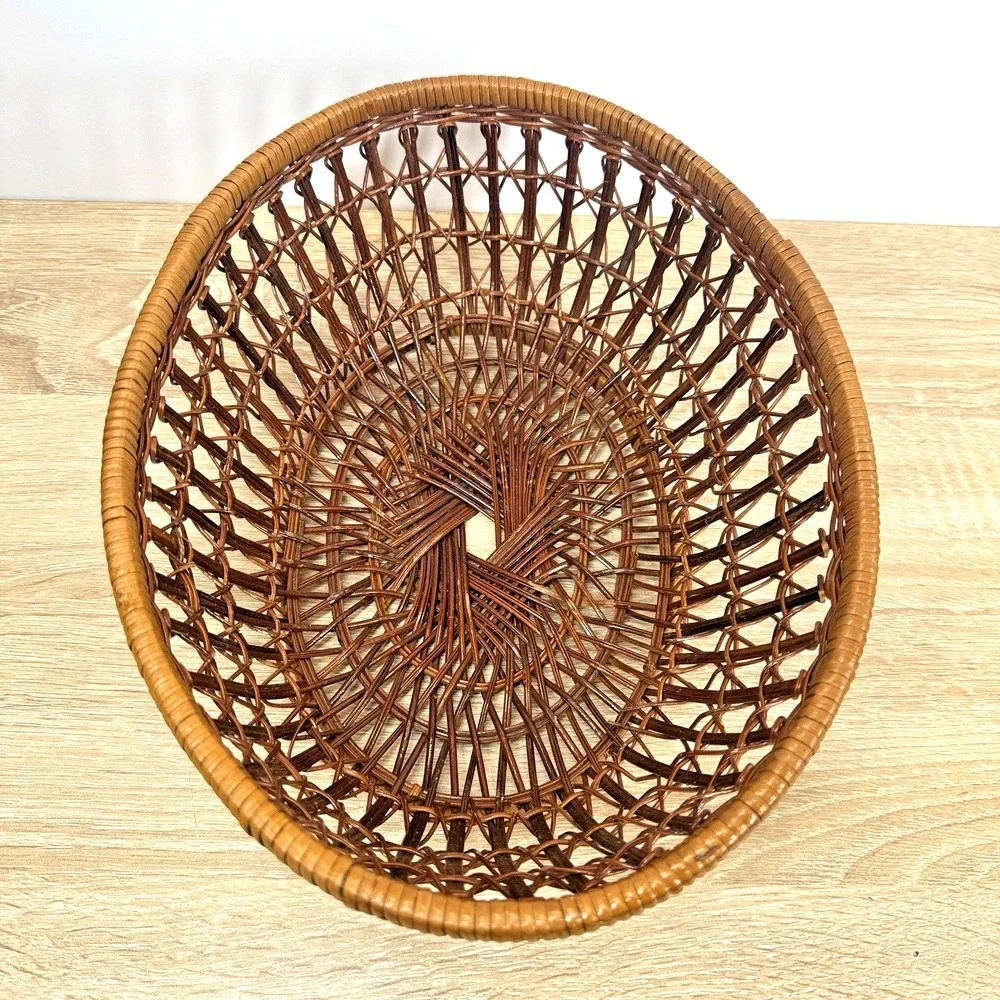 Round Woven Rattan Wicker Basket Bowl Brown Boho Fruit Bread Centerpiece